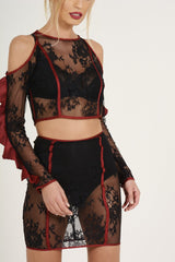 Black Lace Cut Shoulder Ruffle Co-ord - Serena