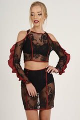 Black Lace Cut Shoulder Ruffle Co-ord - Serena