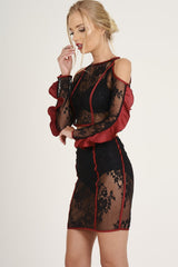 Black Lace Cut Shoulder Ruffle Co-ord - Serena