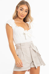 White Crepe Ruffle Tie Front Bardot Bodysuit - Trixie