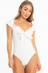 White Crepe Ruffle Tie Front Bardot Bodysuit - Trixie