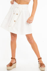 White Woven Button Front Pleated Mini Skirt - Louisa