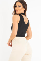 Black Rib High Neck Cut Out Back Bodysuit - Leara