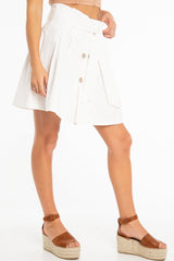 White Woven Button Front Pleated Mini Skirt - Louisa