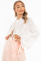 White Chiffon Balloon Sleeve Crop Tie Front Blouse - Amelia