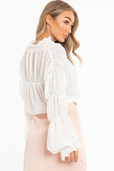 White Chiffon Balloon Sleeve Crop Tie Front Blouse - Amelia