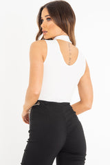 White Rib High Neck Cut Out Back Bodysuit - Leara