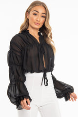 Black Chiffon Balloon Sleeve Crop Tie Front Blouse - Amelia