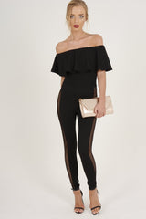 Black Bardot Frill Mesh Sides Jumpsuit - Bronwyn