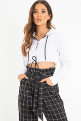 White Zip Front Drawstring Waist Hoodie Crop Top - Rudi