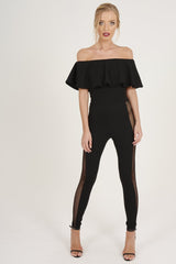 Black Bardot Frill Mesh Sides Jumpsuit - Bronwyn