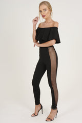 Black Bardot Frill Mesh Sides Jumpsuit - Bronwyn