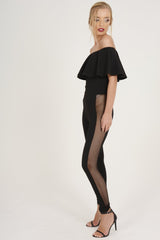 Black Bardot Frill Mesh Sides Jumpsuit - Bronwyn