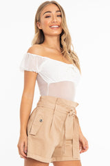 White Mesh Puff Sleeve Tie Front Bodysuit - Suki