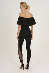 Black Bardot Frill Mesh Sides Jumpsuit - Bronwyn