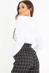 White Zip Front Drawstring Waist Hoodie Crop Top - Rudi