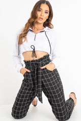 White Zip Front Drawstring Waist Hoodie Crop Top - Rudi