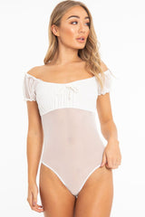 White Mesh Puff Sleeve Tie Front Bodysuit - Suki