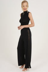 Black Crochet Trim Wide Leg Co-ord - Devlin