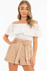 White Broderie Shirred Waist Bardot Top - Sophia