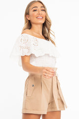 White Broderie Shirred Waist Bardot Top - Sophia