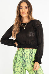 Black Open Knit Ruffle Hem Crop Jumper - Carrie