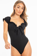 Black Crepe Ruffle Tie Front Bardot Bodysuit - Trixie