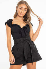 Black Crepe Ruffle Tie Front Bardot Bodysuit - Trixie