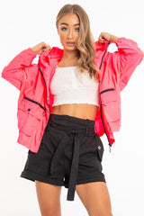 Neon Pink Hooded Zip Front Rain Parka - Leticia