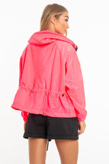 Neon Pink Hooded Zip Front Rain Parka - Leticia
