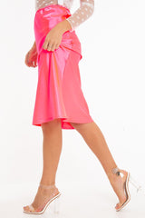 Neon Pink Satin High Waist Floaty Midi Skirt - Dasha