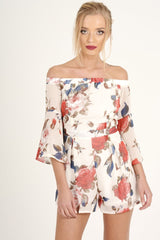White Floral Bardot Flared Sleeve Playsuit - Carla