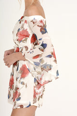 White Floral Bardot Flared Sleeve Playsuit - Carla