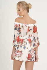 White Floral Bardot Flared Sleeve Playsuit - Carla