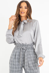 Grey Satin Tie Front Long Sleeve Blouse - Cherie