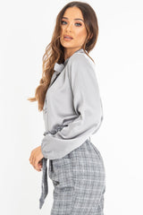 Grey Satin Tie Front Long Sleeve Blouse - Cherie