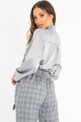 Grey Satin Tie Front Long Sleeve Blouse - Cherie