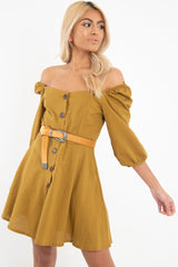 Olive Green Button Front Skater Dress - Candice