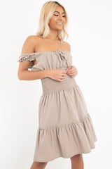 Mocha Ruched Tie Front Skater Dress - Zakara