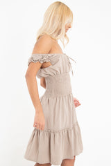 Mocha Ruched Tie Front Skater Dress - Zakara