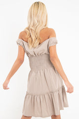 Mocha Ruched Tie Front Skater Dress - Zakara