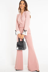 Pink Plunge Shirred Waist Pleated Sleeve Blouse - Skylar