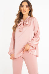 Pink Satin Tie Front Long Sleeve Blouse - Cherie