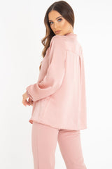 Pink Satin Tie Front Long Sleeve Blouse - Cherie
