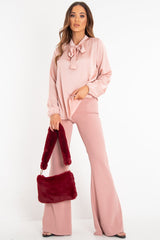 Pink Satin Tie Front Long Sleeve Blouse - Cherie