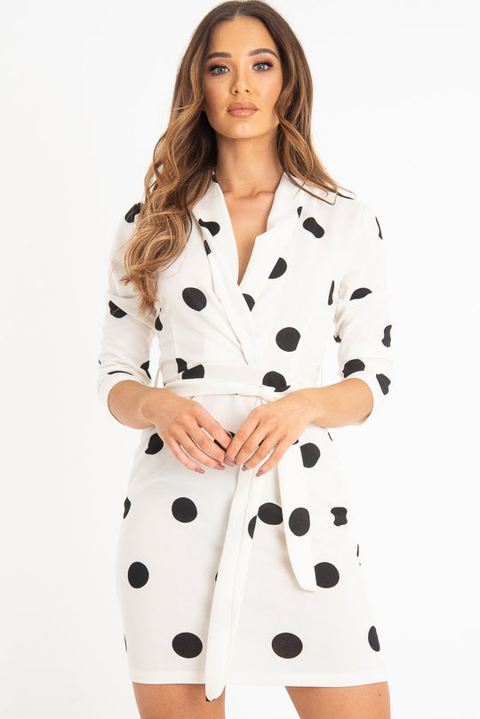 White Black Polka Dot Wrap Front Midi Dress - Daisy