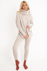Beige Chunky Knit Roll Neck Loungewear Co-Ord - Imara