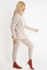 Beige Chunky Knit Roll Neck Loungewear Co-Ord - Imara