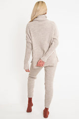 Beige Chunky Knit Roll Neck Loungewear Co-Ord - Imara