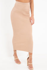 Beige Rib Knitted Midi Skirt - Kloey